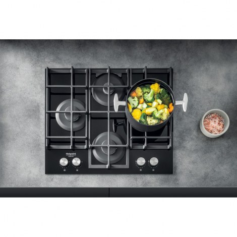 Hotpoint | HAGS 61F/BK | Hob | Gas on glass | Number of burners/cooking zones 4 | Rotary knobs | Black - 4
